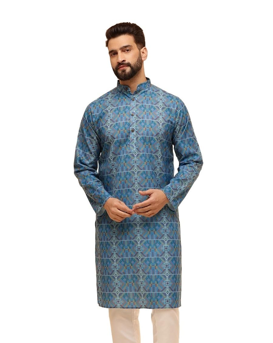 Sojanya (Since 1958 Men's Cotton Linen Geometric Printed Peacock Blue Only Long Kurta