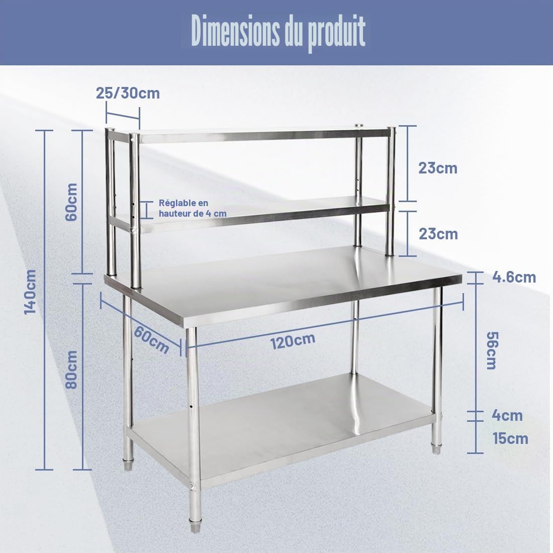 Stainless Steel Work Table 120 x 60 cm Adjustable 250 kg Double Storage for Kitchen | Smooth surface anti-scratch, stable feet, easy mounting, height adjustable, for gardens, commercial restaurants, hotels