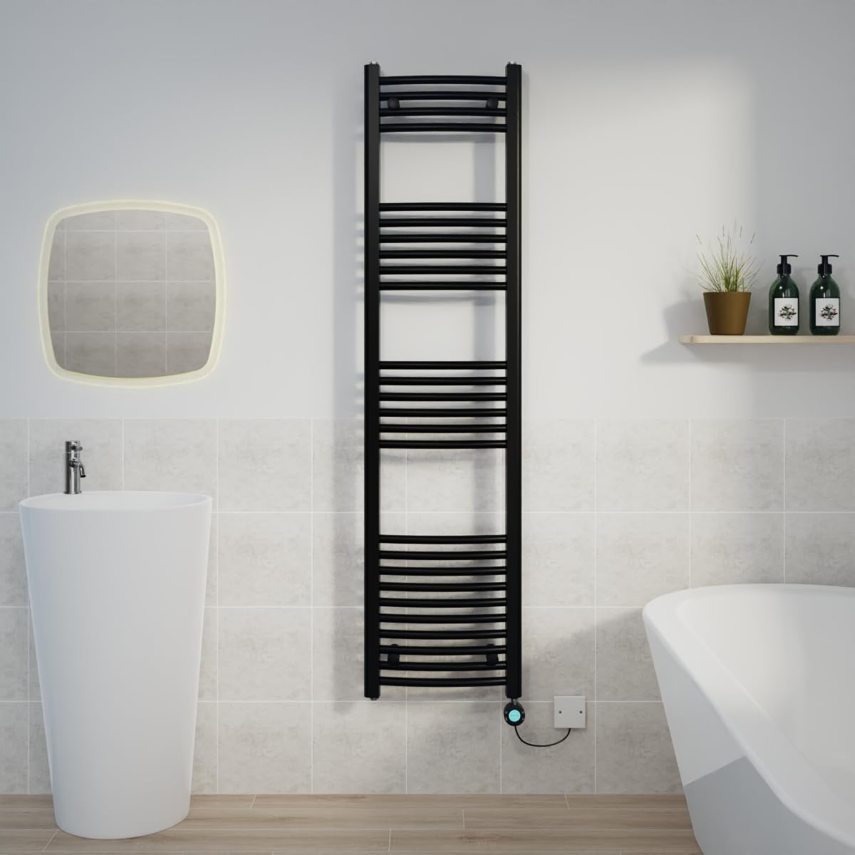 Warmehaus Black Electric Heated Towel Rail Curved Thermostatic Bathroom Towel Radiator With Timer Prefilled - 1600X400mm 800W