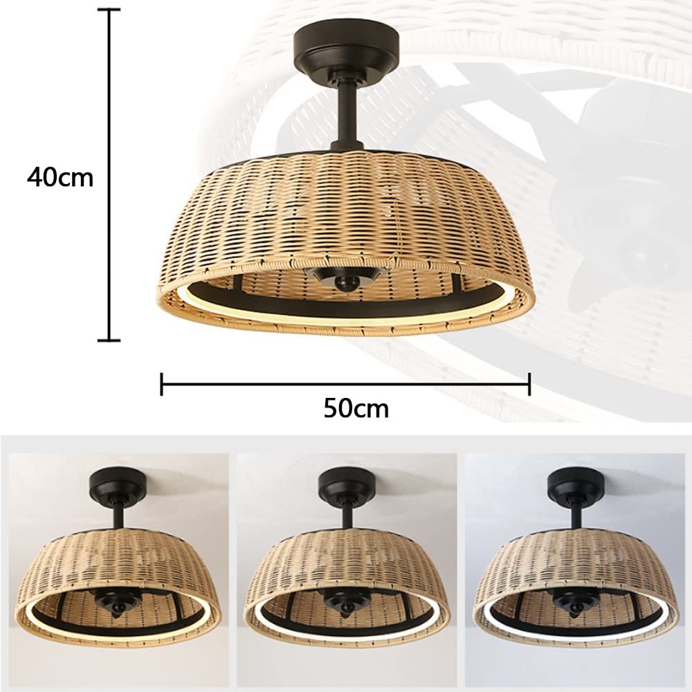 Ventilatore A Soffitto Con Luci In Rattan Intrecciato A Mano - Telecomando, 3 Velocità E Luce LED Dimmabile (3000-6500K) Per Soggiorno