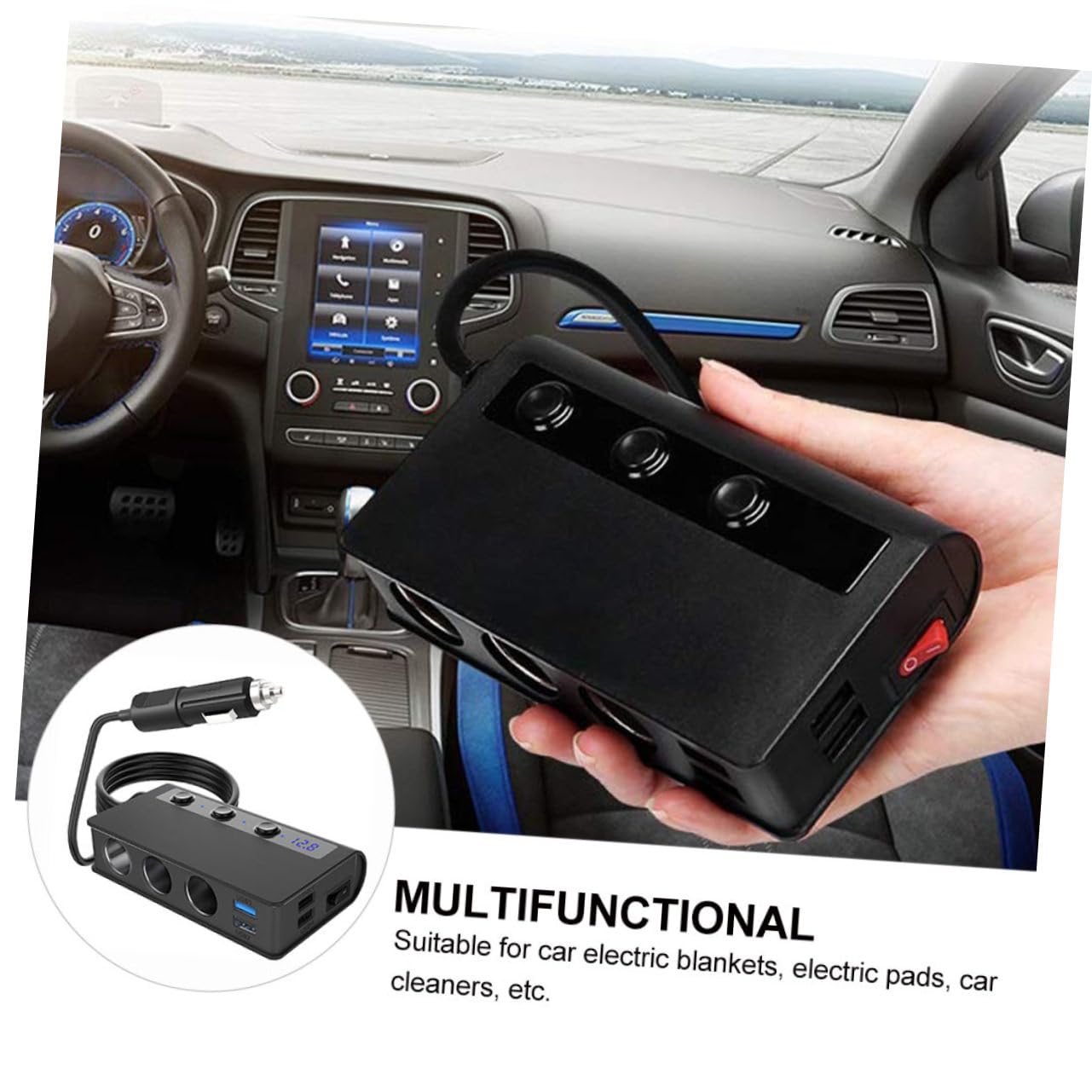 Adaptador Cargador para Coche 180 W, 12 V-24 V, 4 Puertos USB y 3 Tomas, Interruptor Independiente y Luz LED