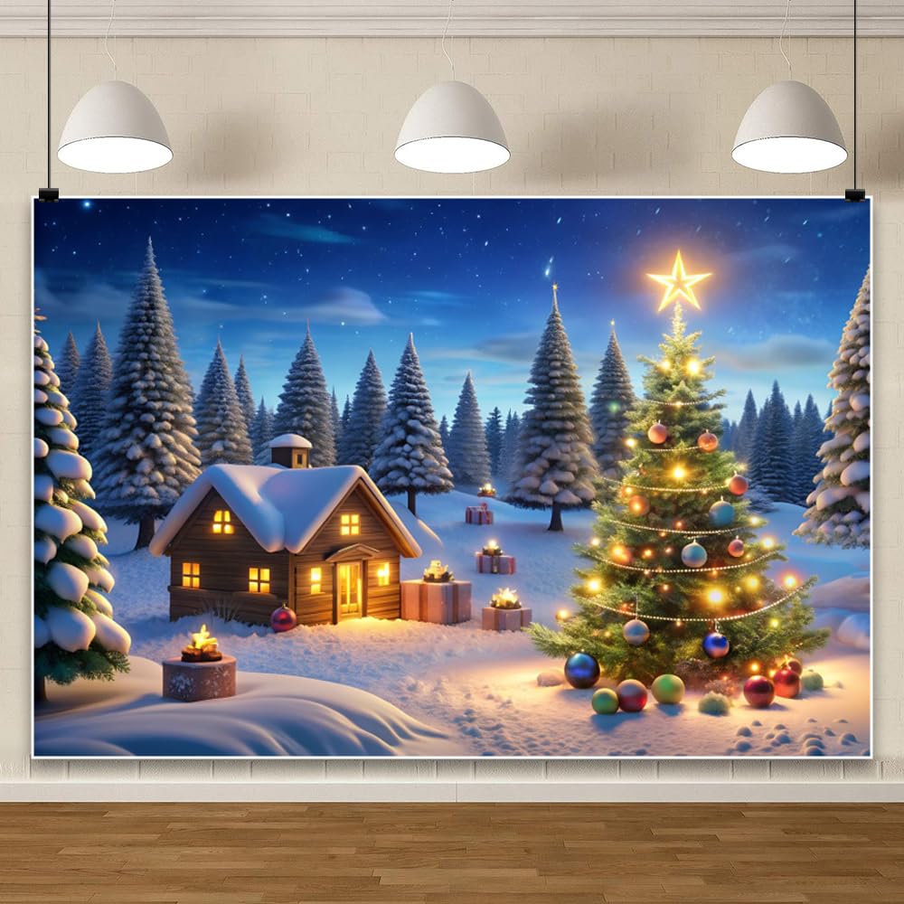 3.5x2.5m Fondo de Navidad de Invierno con casa de Madera, árboles de Navidad, pinos y Paisaje nevado para fotografía, Ideal para decoración de Fiestas de Año Nuevo en casa
