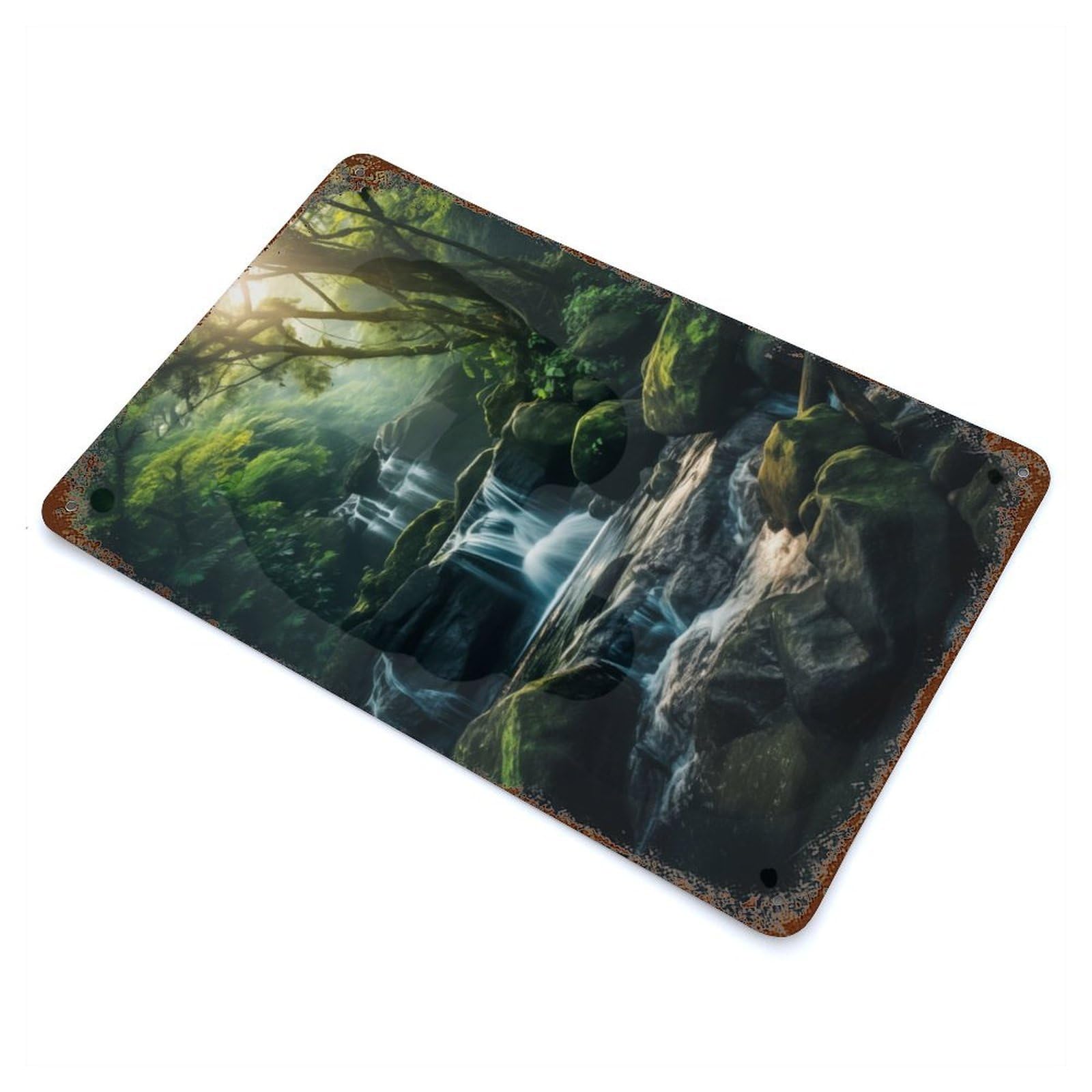 Waterfall in Green Nature 11.8"x7.9" Rusty Metal Tin Sign, Novelty Wall Decor for Cafe, Home Bar And Lounge Decor