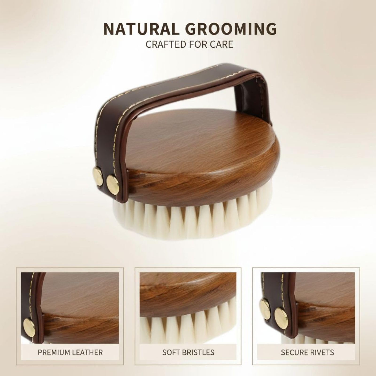 Cepillo para caballos de madera con mango de piel, cerdas suaves para eliminar la suciedad, cepillo compacto para cara y cuerpo, accesorios para el cuidado de los caballos