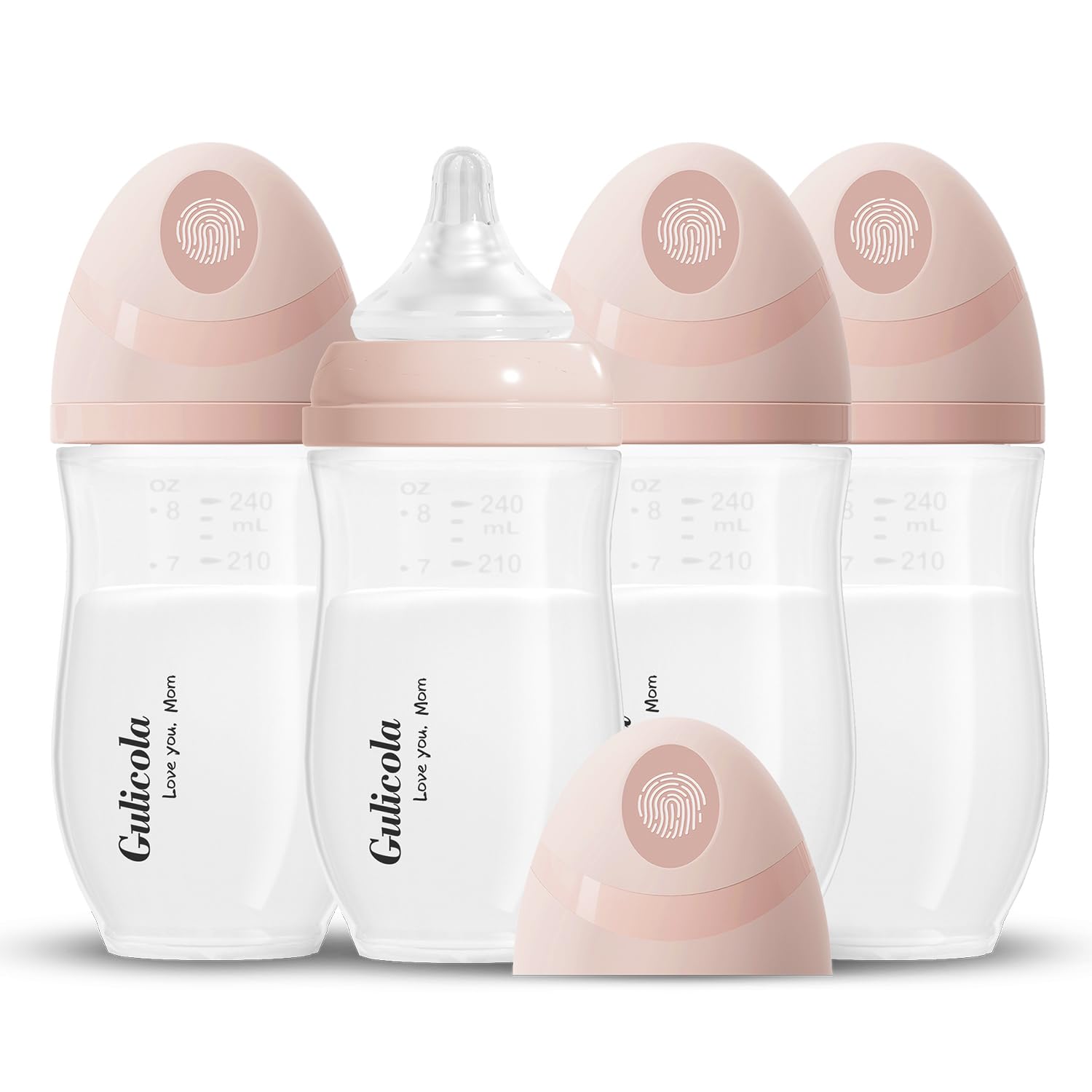 Gulicola Natural PP Baby Breastfeeding Bottles, Medium Flow Nipples (M), 3 Months +, Wide Neck, Pink, 8 oz - 4 pks
