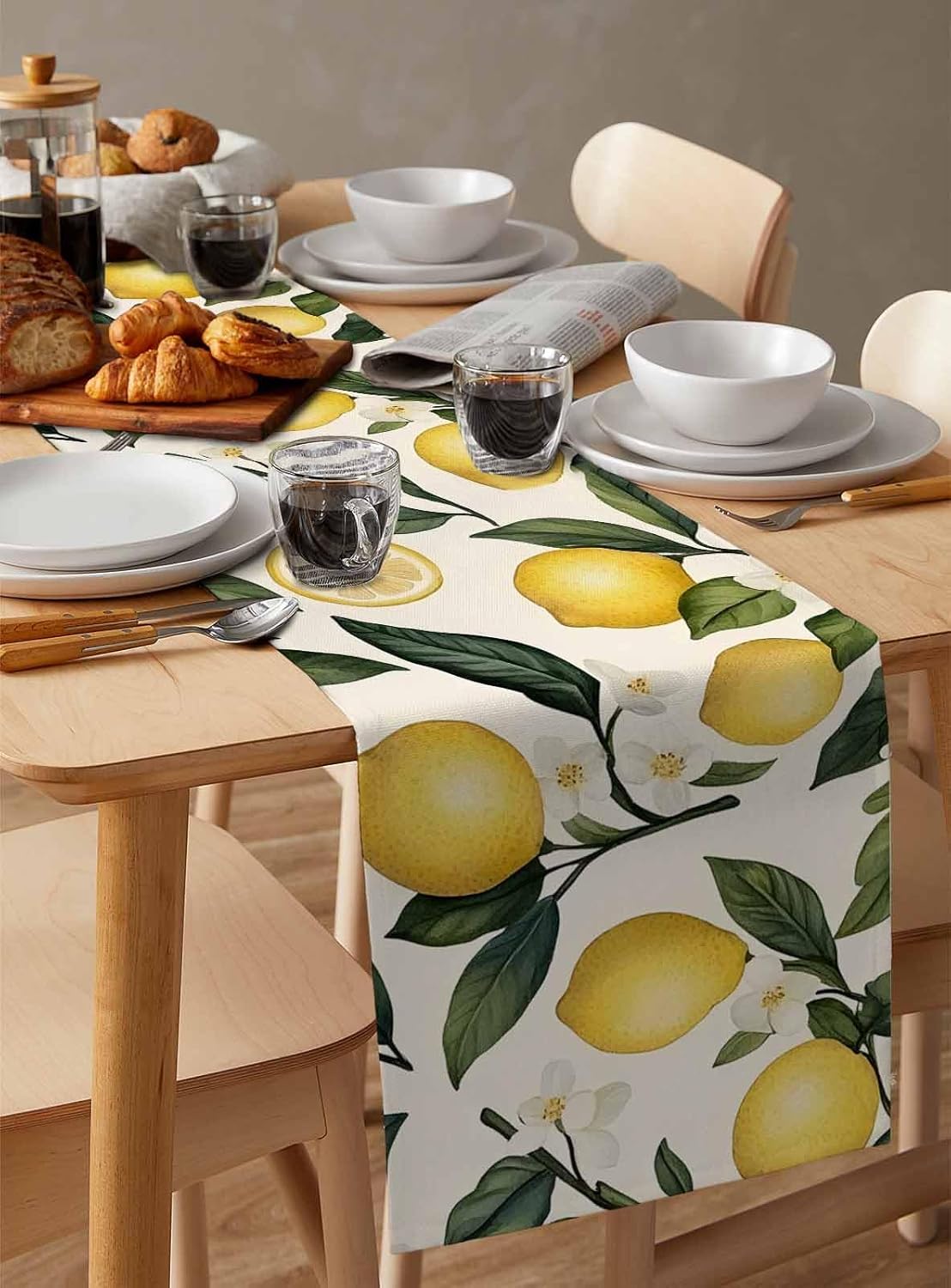 Watercolor Lemon Farm Wildflower Table Runners 18x72 Inches Long Linen Burlap Table Runner, Summer Gradient Leaves Table Cover Dresser Scarf for Kitchen Dining Holiday Party Wedding Gathering