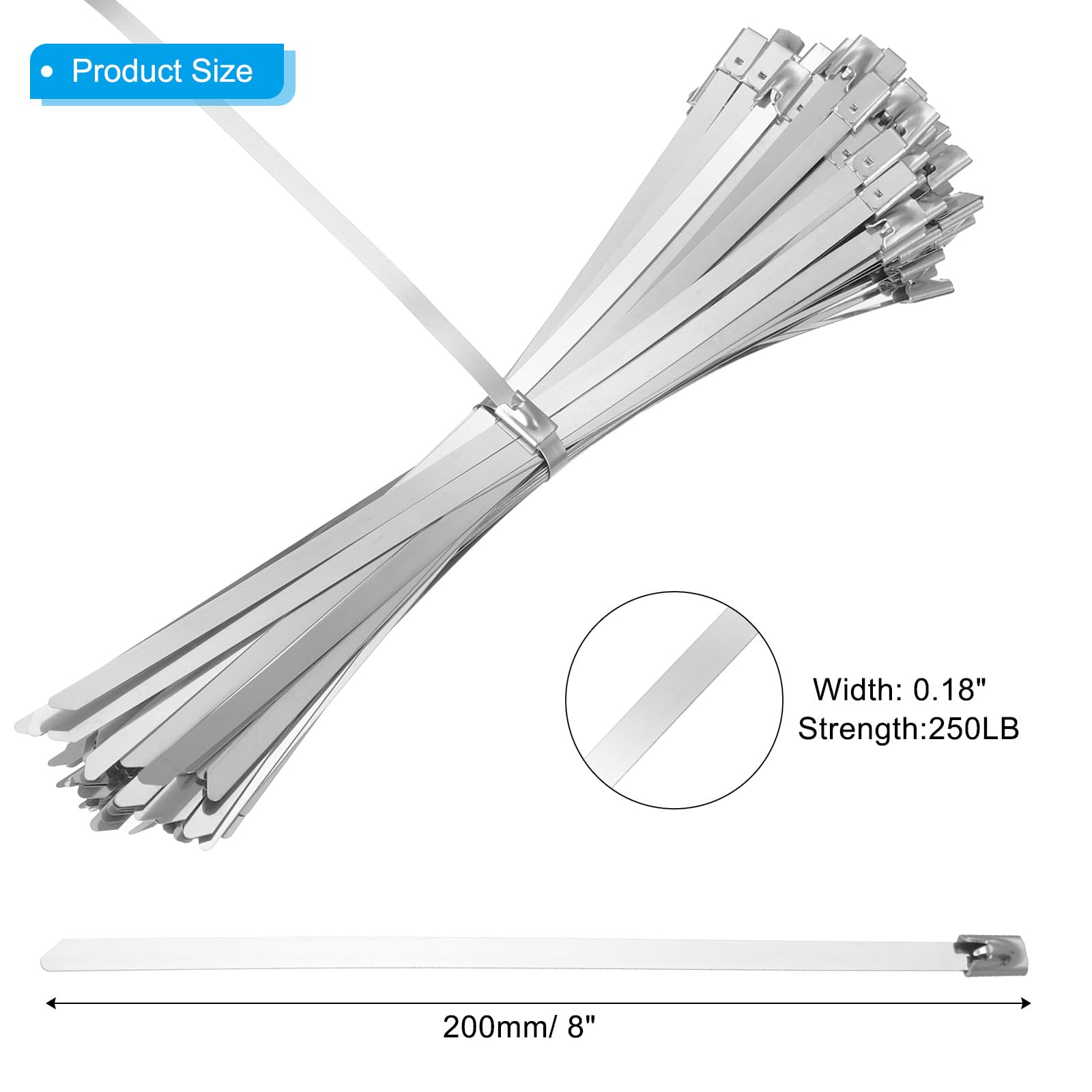 PATIKIL Metal Zip Ties 100 Pcs, 8 Inch Heavy Duty 304 Stainless Steel Self-Locking Cable Ties - Image 2