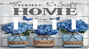 Decorative Light Switch Cover Plate Blue Flower Bottles Wood Plank 4 Gang Wall Plate Oversized Quad Toggle Switch Cover Plate Jumbo Faceplate for Bedroom Decor