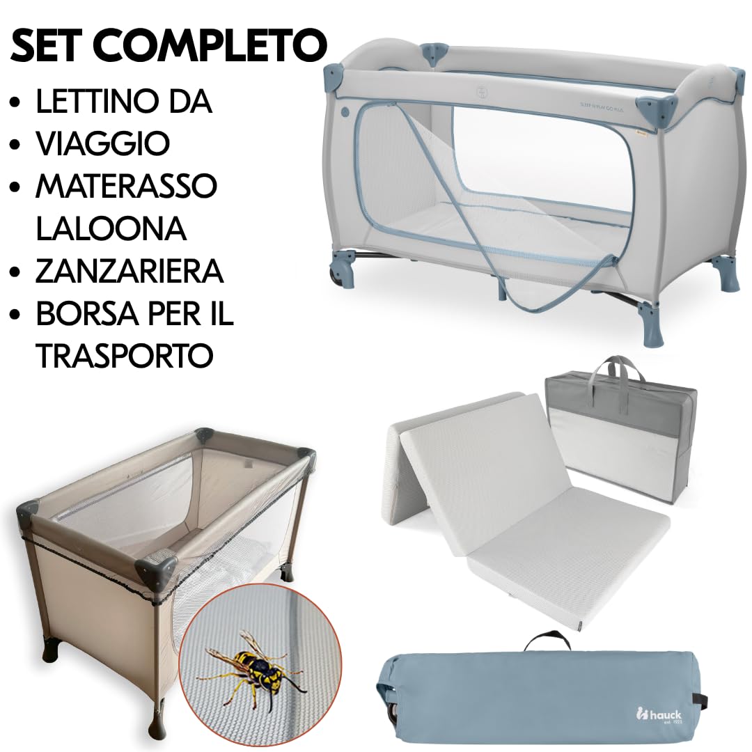 hauck Sleep N Play Go Plus Set Lettino da Viaggio con Materasso, Dusty Blue | Culla e box pieghevole con materasso, zanzariera e borsa I Facile da trasportare, ideale per vacanze e visite