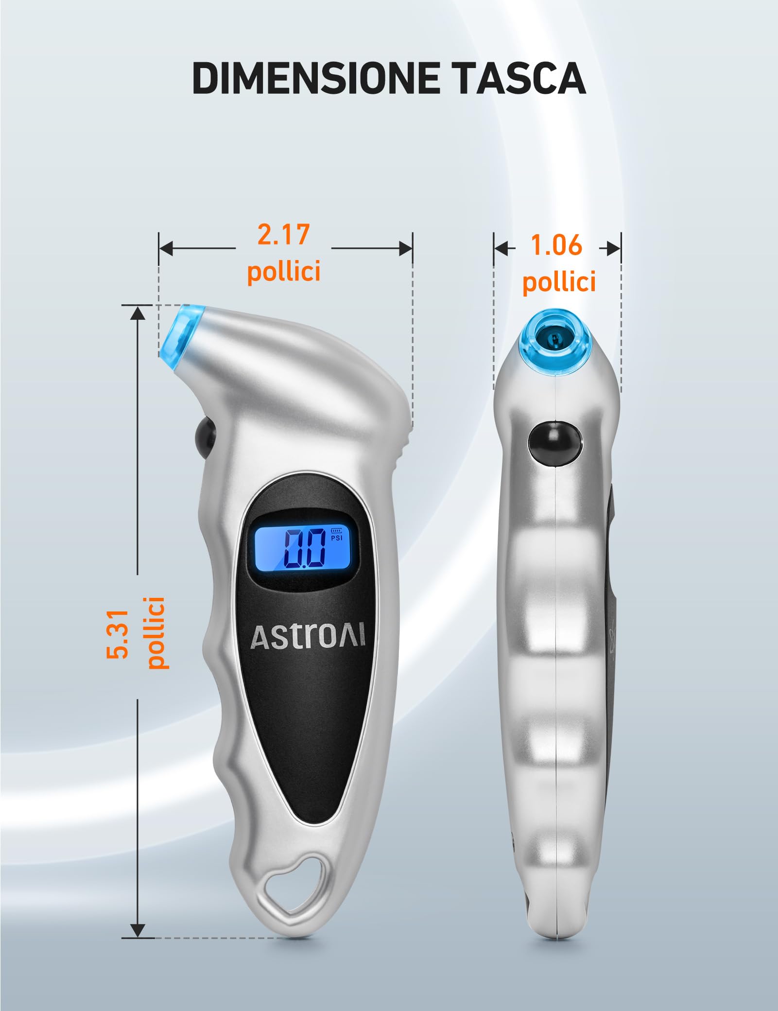 AstroAI Tire Pressure Gauge Digital 0-150PSI (Accurate in 0,1 incrementi), 4 unità Stocking Stuffers per auto camion bicicletta con LCD retroilluminato e adattatore valvola Presta, Sliver
