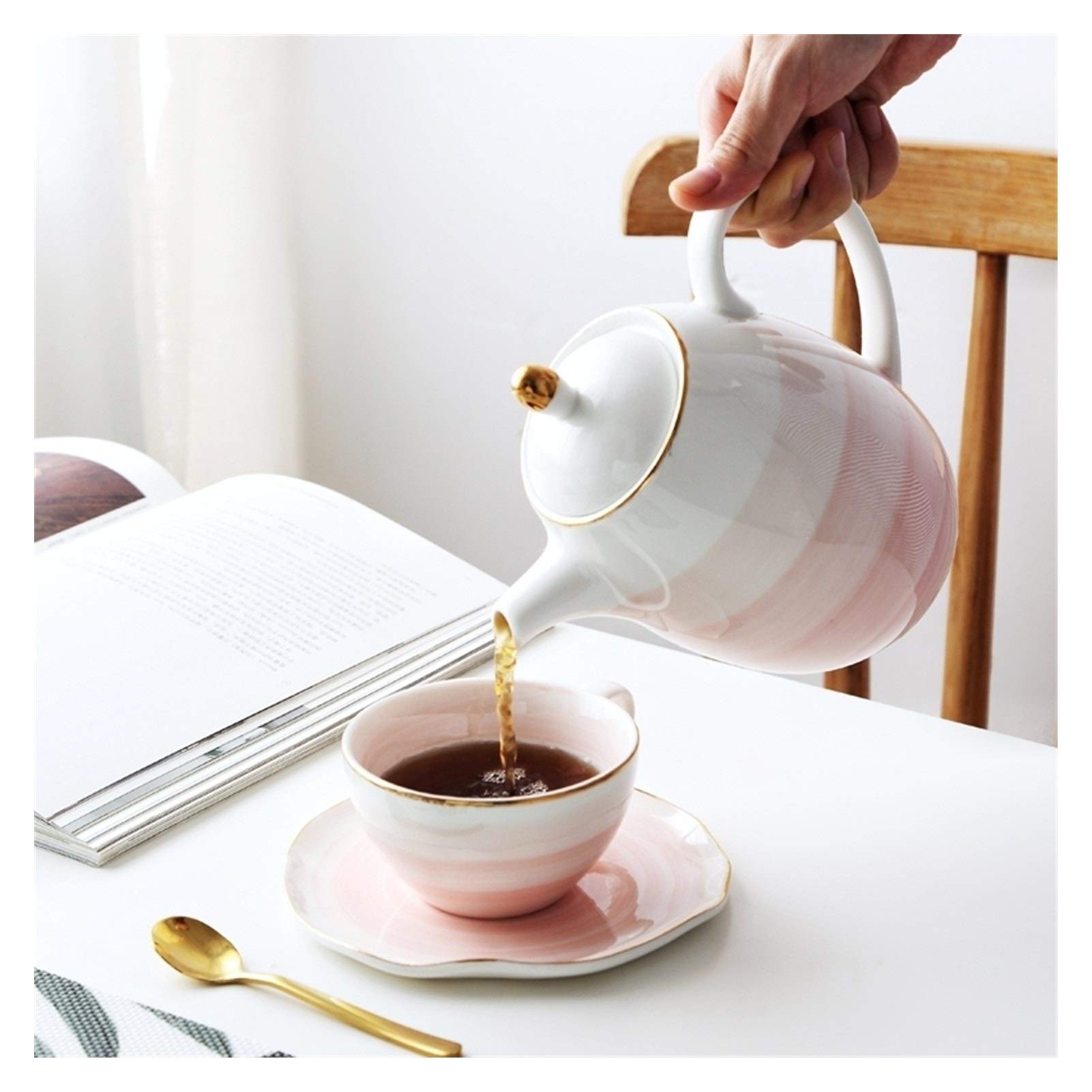 Tazas de café grandes de cerámica, Juego de taza y platillo té cerámica multicolor con cuchara bañada en oro, paquete 2(Roze)