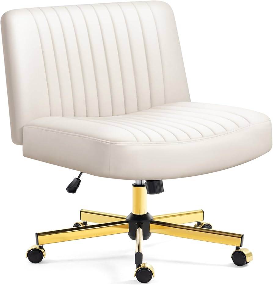 Criss Cross Chair with Wheels, Cross Legged Office Chair Armless Wide Desk Chair with Pocket Spring Cushion, Adjustable Swivel Fabric Task Vanity Home Office Desk Chair (Leather White)