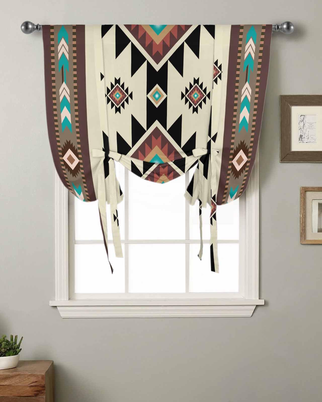 Southwest Geometric Tie Up Curtains for Windows 45 Inch Length Balloon Curtains Kitchen Adjustable Balloon Window Shade Brown Mexican Aztec Boho Tribal Tie Up Valance Bathroom Curtain Window 52