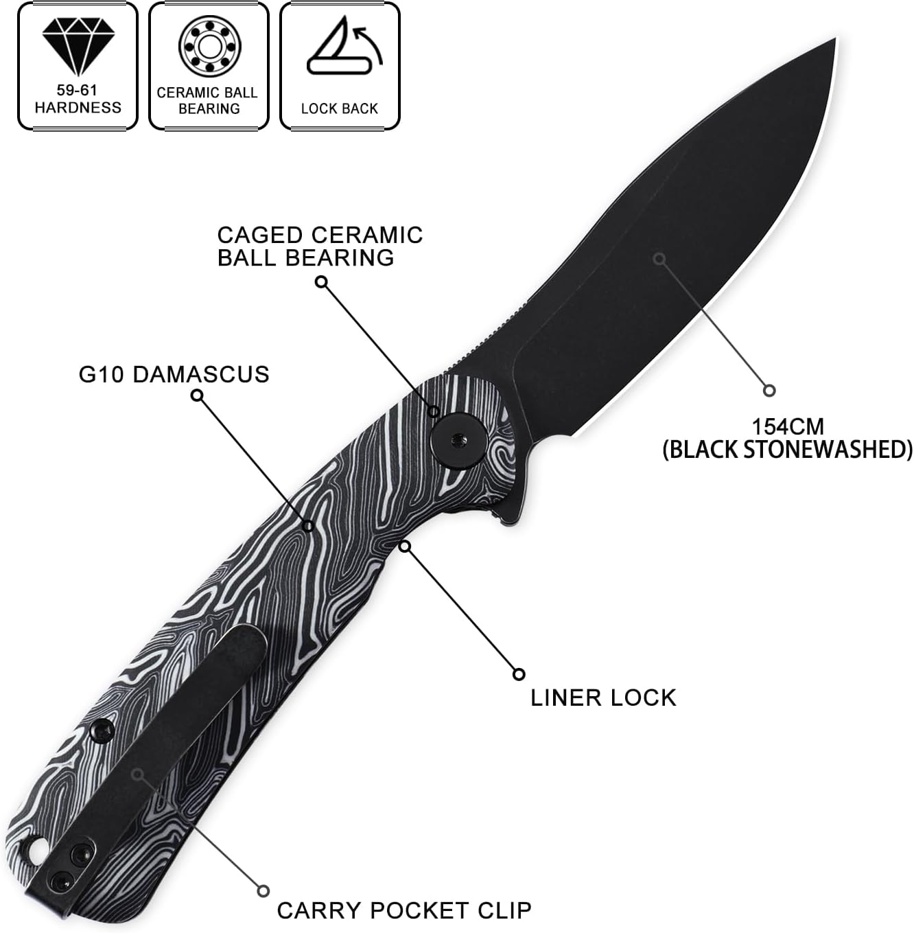Petrified fish PFE14 Rogue Folding Knife,3.43" 154CM Steel Black Stonewashed Blade, G10 Handle Pocket knife for Camping Outdoor EDC (White Black Stonewashed)