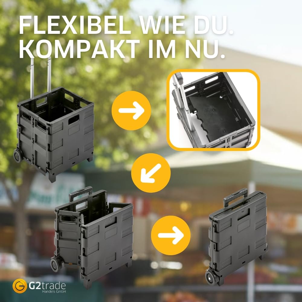 G2 Klappboxtrolley SPACY – Klappbarer Einkaufstrolley mit Rollen, faltbar & leicht – Tragkraft 25 kg – Einkaufskorb mit ausziehbarem Griff – Klappbox für Einkauf & Transport – Schwarz