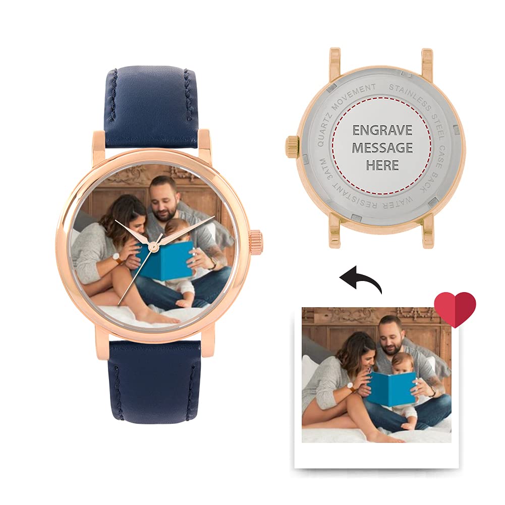 Regalos fotográficos Personalizados para Mujer, Pantalla analógica, Reloj con Movimiento de Cuarzo japonés con Caja de Oro Rosa, Reloj Grabado a Medida