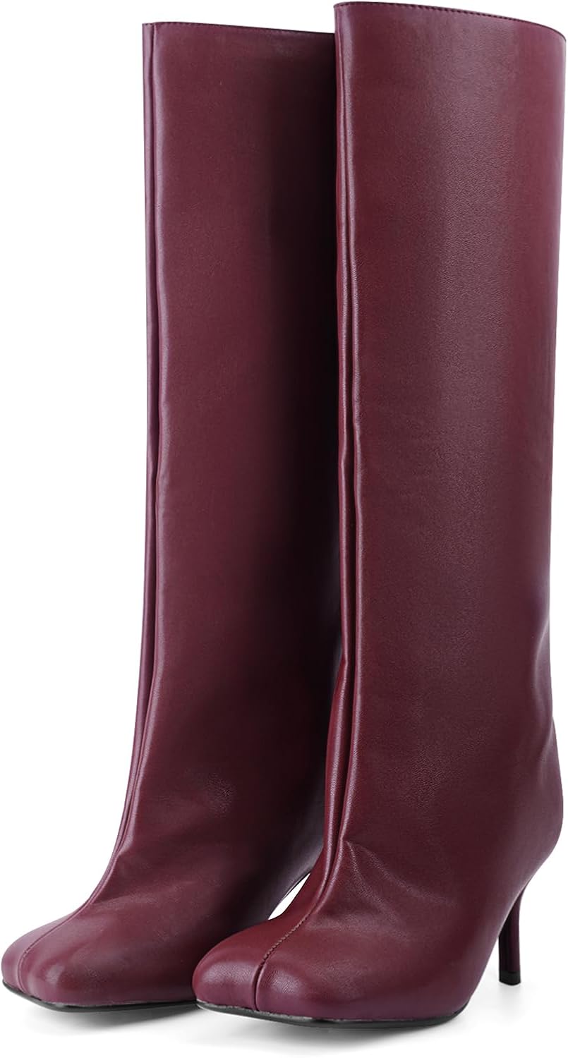 VOZTOLLS Women's Knee High Suede Boots for Women Wide Calf Square Toe Stiletto Heels Tall Boots Pull On High Heel Long Booties