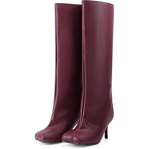 Women's Knee High Suede Boots for Women Wide Calf Square Toe Stiletto Heels Tall Boots Pull On High Heel Long Booties
