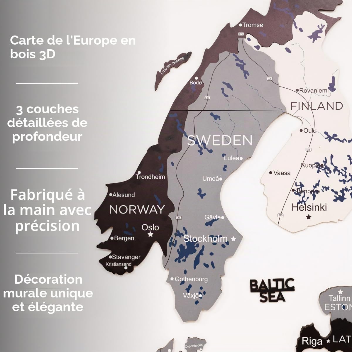 ENJOY THE WOOD Carte Europe Murale Décorative en Bois 3D – Carte du Monde/Europe Artisanale avec Frontières – Décoration Murale Design & Idée Cadeau Voyage (Nordik, S)