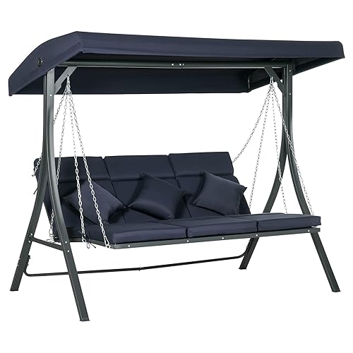 Outsunny Dondolo da Giardino 3 Posti con Tettuccio Parasole Regolabile e 3 Cuscini, Dondolo da Esterno con Seduta Traspirante in Texteline e Metallo, Portata Fino a 270 kg, 198x118x168 cm, Blu Scuro