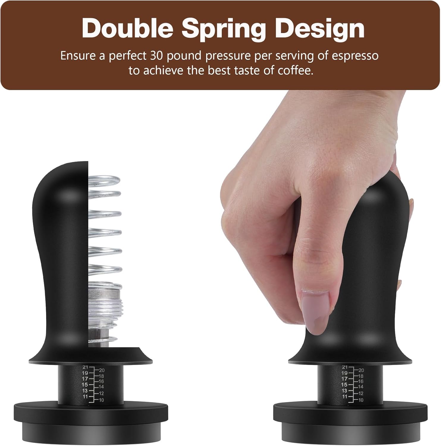 PUSEE Espresso Tamper with double spring mechanism exposed