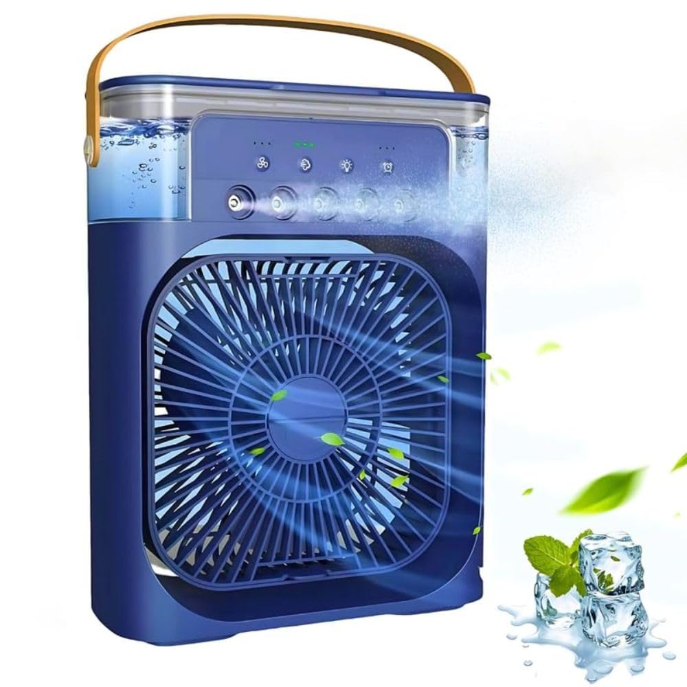 Drumstone 𝟏𝟓 𝐘𝐞𝐚𝐫𝐬 𝐖𝐚𝐫𝐫𝐚𝐧𝐭𝐲 Mini Air Cooler, Portable Air Conditioner Fan with 3 Wind Speeds & Spray Modes, Personal Desk Cooler, Adjustable Timer, LED Light 𝐁𝐥𝐮𝐞