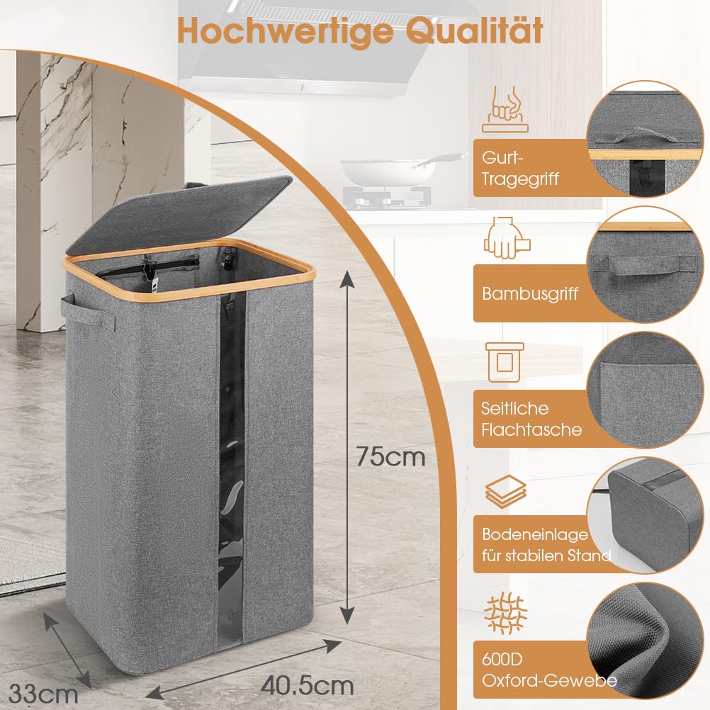 OUSFOT Gelber Sack Ständer 100L, Gelber Sack Mülleimer Integrierte 4 Clips Doppelgriffe Reißverschlussdesign auf der Rückseite Grau, für Wohnzimmer, Küche 【Keine Innentasche】