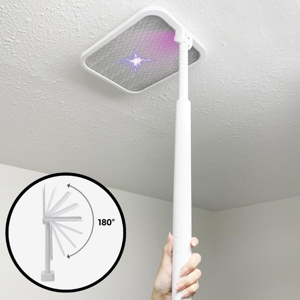 BANU - Raqueta eléctrica plegable en ángulo de 180 grados, ideal para matamoscas 2 en 1, lámpara recargable de 1200 mAh con 3 capas de malla de seguridad para interiores y exteriores