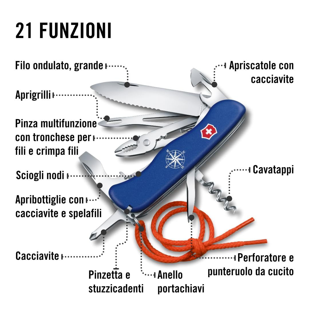 Victorinox Multiuso Skipper, Multiuso per la Vela, 5 Funzioni, Made in Switzerland, Multi-strumento con Lama Grande Ondulata, Lama Bloccabile, Blu
