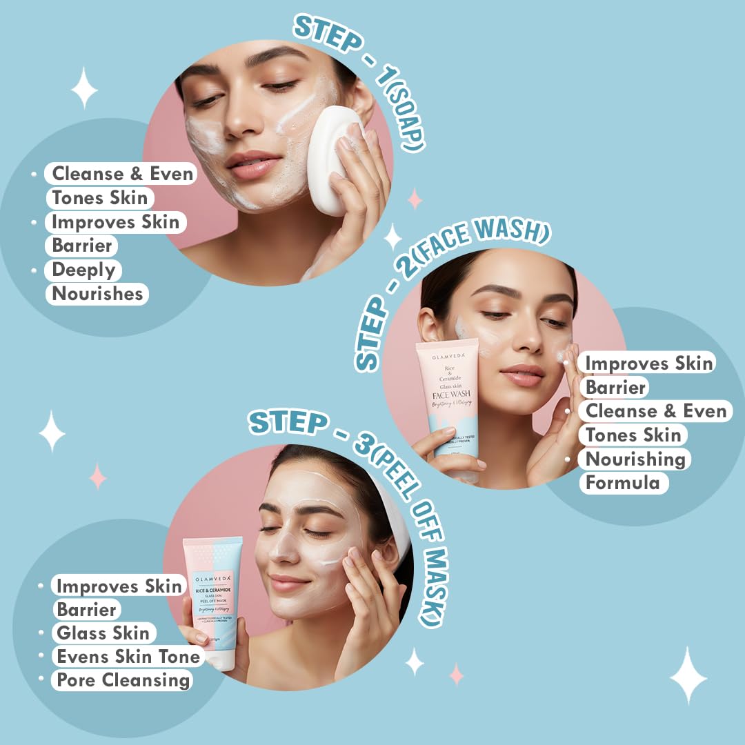 Glamveda Korean Rice & Ceramide 9 Step Skincare Routine For Women & Men | Face wash, Peel Off Mask, Toner, Serum, Under eye Cream, Moisturizer, Sunscreen, Body Lotion & Soap | Skin Brightening 1