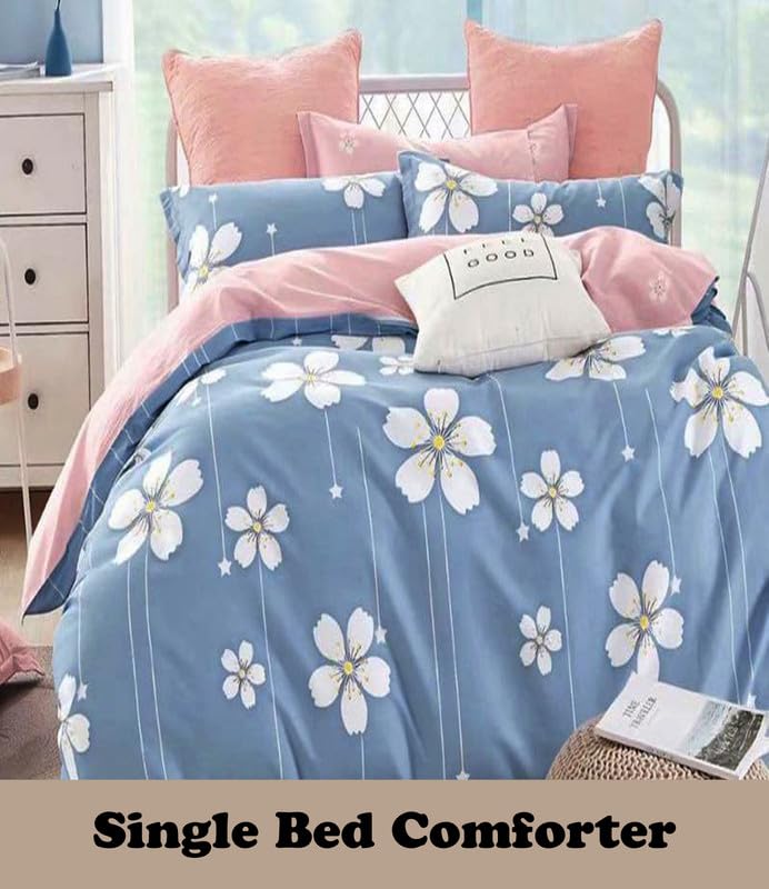 Image of Polycotton Polyester Polyfill 120 GSM Reversible Single Bed Comforter, Blanket, Queen (60x90 inch) Blue & White