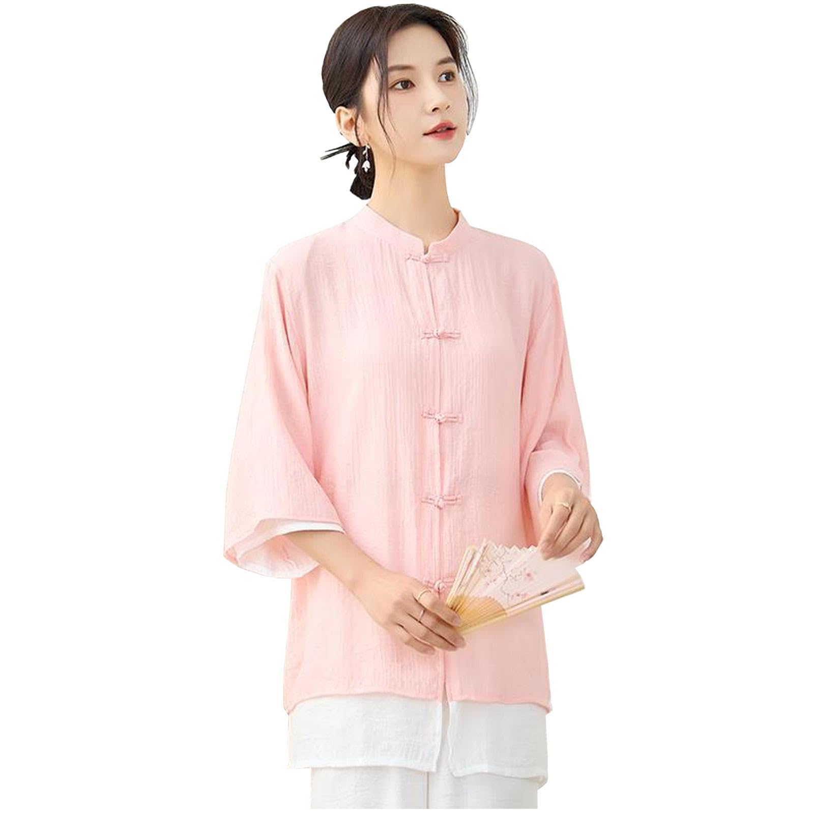 Tai Chi Kleidung Damen Seidenleinen Kung Fu Uniform Chinesischer Stil Zen Meditation Lässig Dreiviertelärmel Morgenübungen Outfit für Frauen,Pink-XL