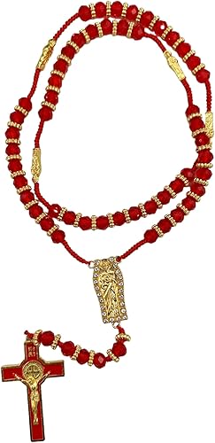 Collar de crucifijo de rosario católico con cuentas de cristal San Judas Recuerdos de Bautizo Comunión Regalos religiosos (St Judas Rojo)