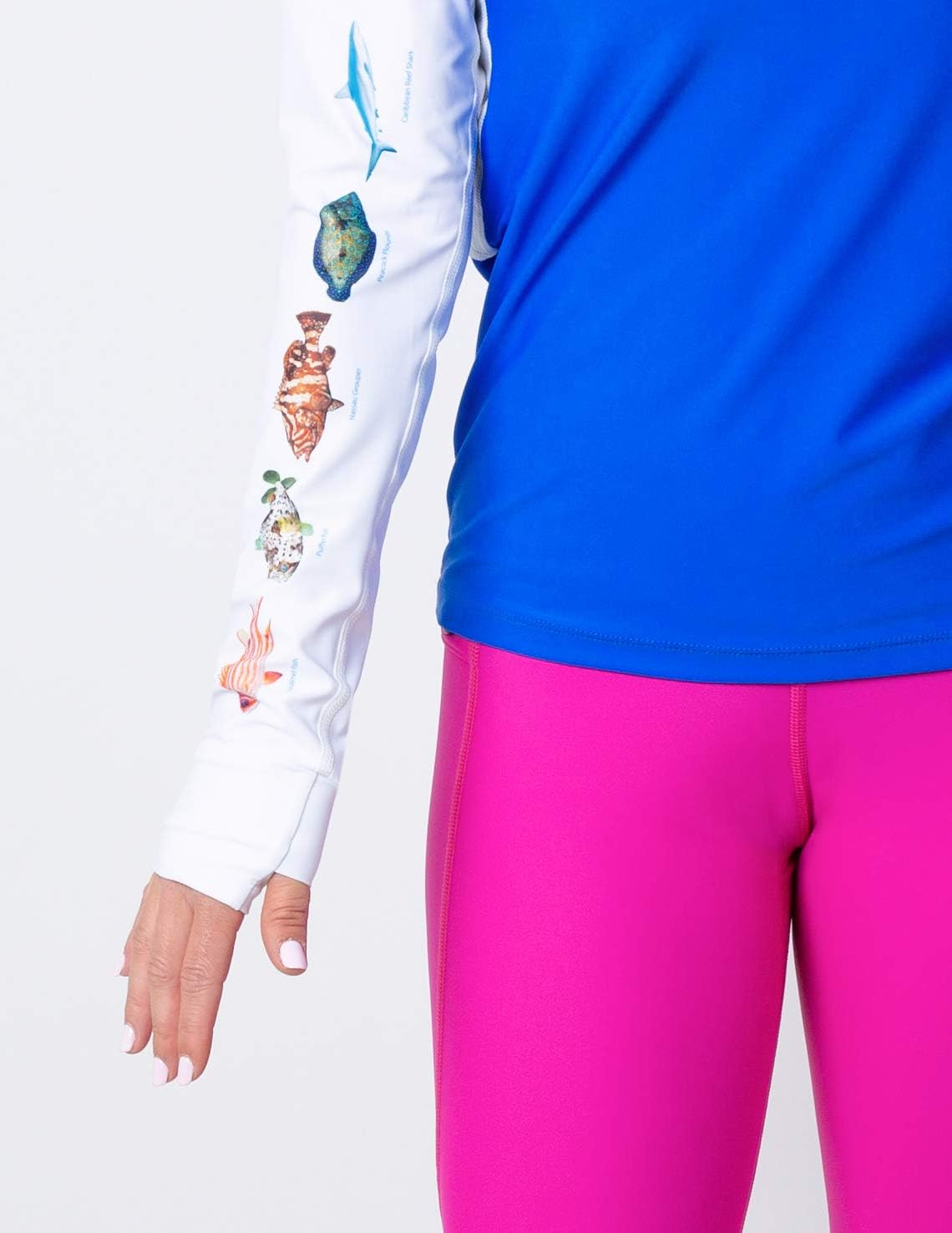 Tuga Women's Snorkel Hooded Rashguard, Caribbean Fish ID, UPF 50+, USA Made