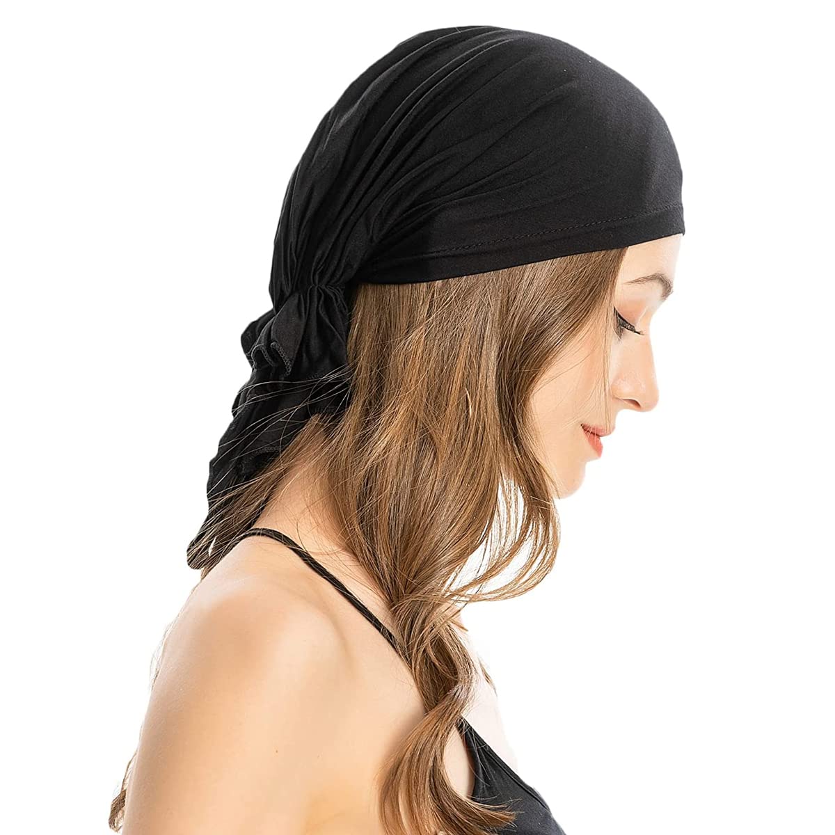 sannidhi Head Scarf for Women, Cotton Chemo Cap Headscarf, Elastic Pre-tied Slip On Cancer Cap Headwrap for Hair Loss or Thin Hair (Black)-picture-39