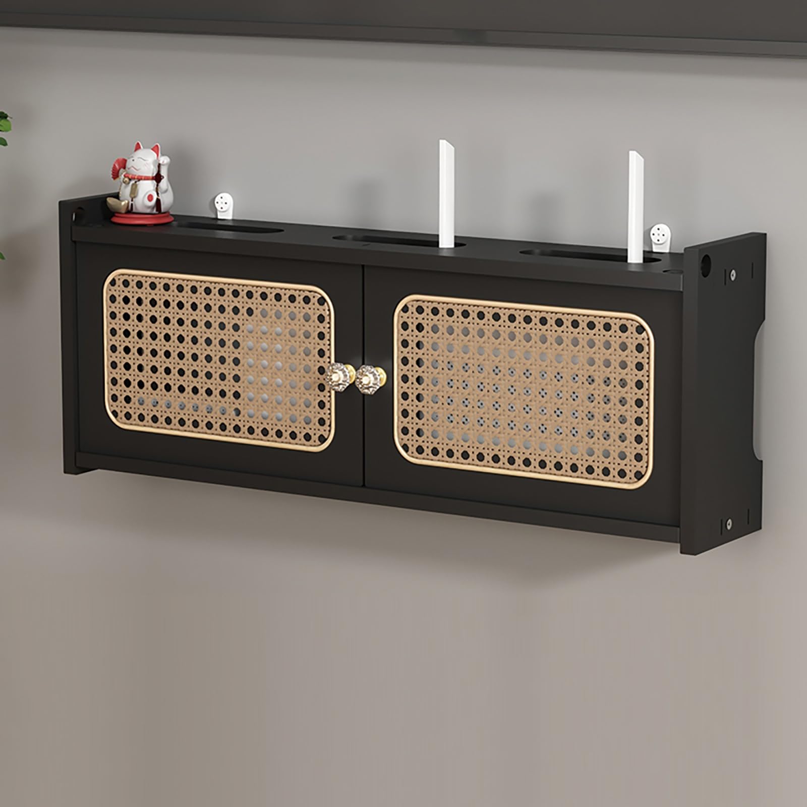 Étagère murale en rotin pour routeur WiFi - 60 cm - Noir - Élégant cache-routeur sans fil