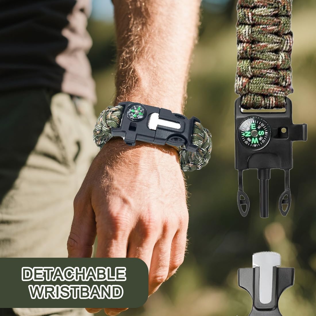 JYNVOCinturón de cuerda de supervivencia de 5 piezas, pulsera multifuncional 5 en 1 con pedernal, brújula, cuerda de paracaídas, silbato, cuchilla, línea de vida de 7 núcleos