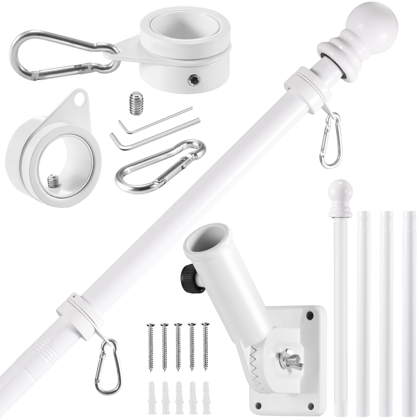 White Flag Pole Kit for House, 5 FT Thickened Stainless Steel Porch Wall Mount Flagpole for 3x5' Flag, 1" Tangle Free Rotating Flag Pole Rings & 180° Adjustable Multi-Positions Bracket Holder