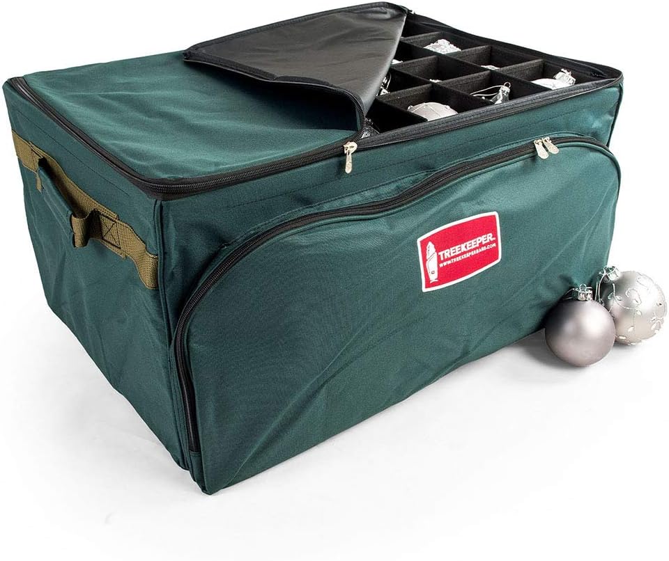 TreeKeeper (Green Christmas Ornament Storage Box with Dividers) Deluxe Ornament