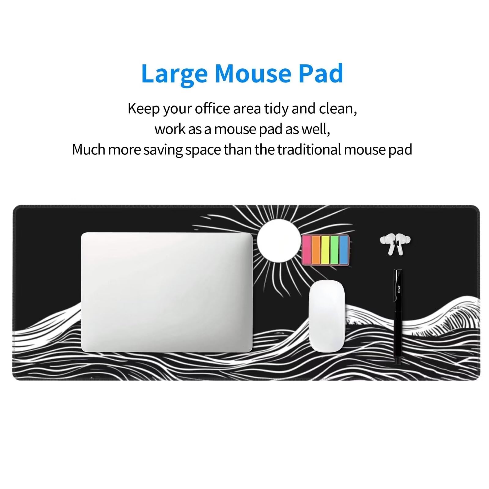 Tappetino Mouse, Tappetino Mouse Gaming Grande XXL 1500x800x3mm Tappetino Scrivania Mouse Pad, Base in Gomma Antiscivolo, Bordi Cuciti,Lavabile, Mousepad per Ufficio e Gaming (Onda nera) R-260