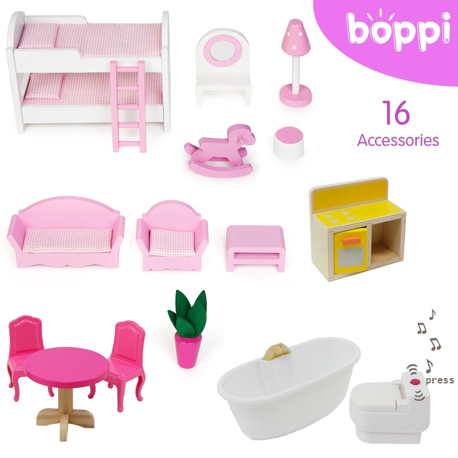 boppi Casa delle Bambole Sogno Mansion in Legno + 17 Mobili E Accessori