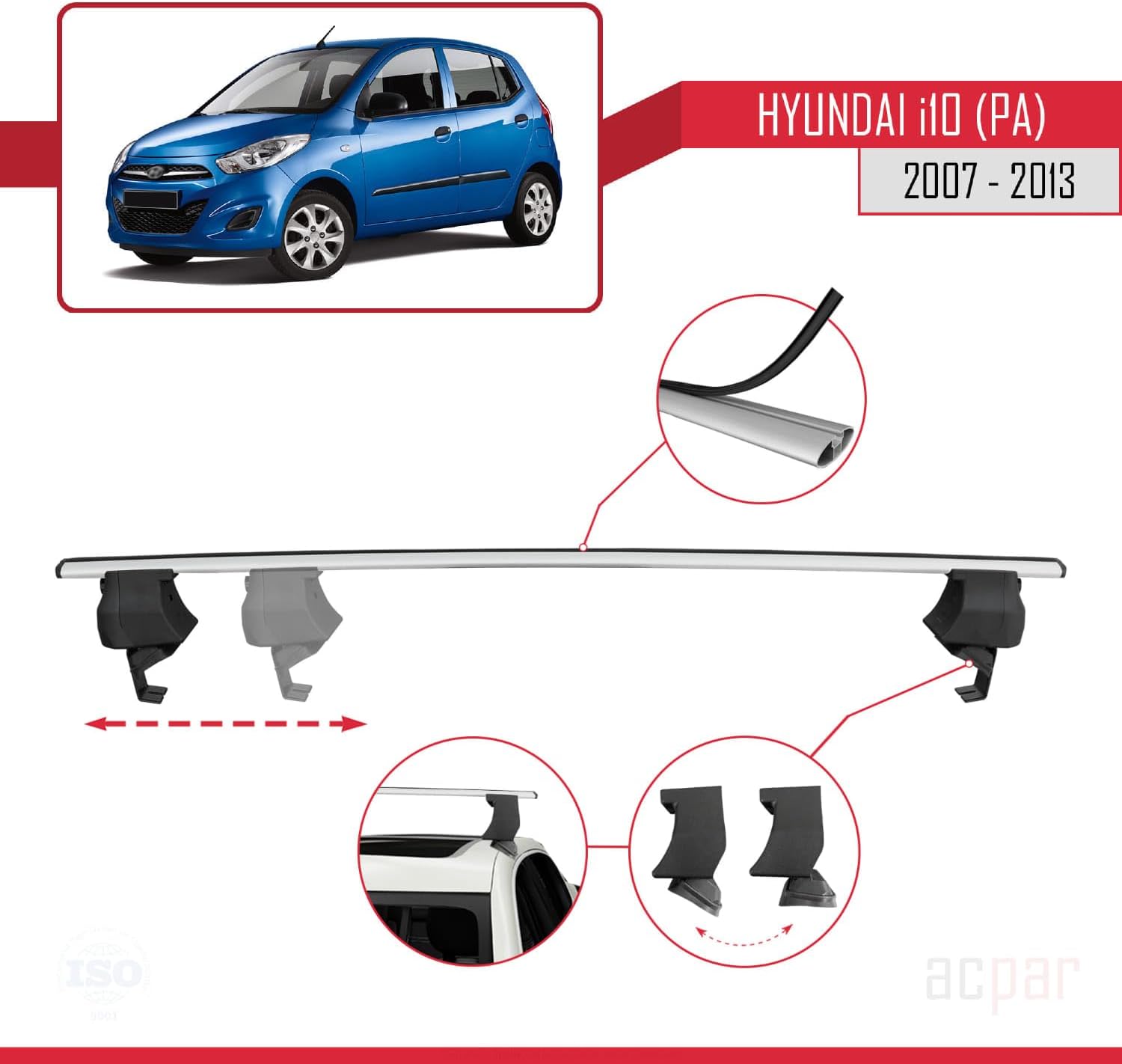 Compatible with Hyundai i10 (PA) 2007-2013 ACE-4 Car Roof Rack Cross Bar Grey Aluminium 2 Bars