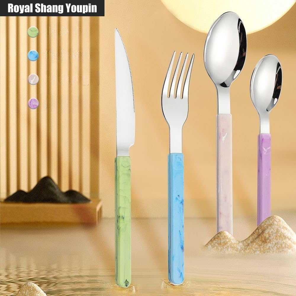 Royal Shang Youpin Retro Chinese Style PP Handle Kitchen Stainless Steel Silverware Tableware Flatware Cutlery Set Steak Knife Fork Spoon Teaspoon (Purple,4 pieces)