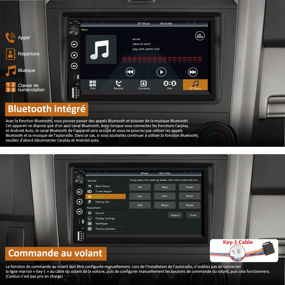 AWESAFE Autoradio 2DIN Bluetooth avec CarPlay & Android Auto, 7 Pouces Écran Tactile HD, Bouton Rotatif, USB/FM/Microphone, Miroir Link, Caméra de Recul Universel Voiture, Commande au Volant