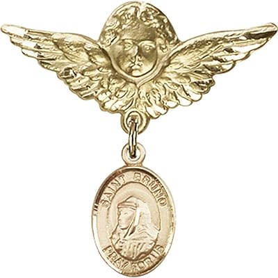 14kt Yellow Gold Baby Badge with St. Bruno Charm and Angel w/Wings Badge Pin 1 1/8 X 1 1/8 inches