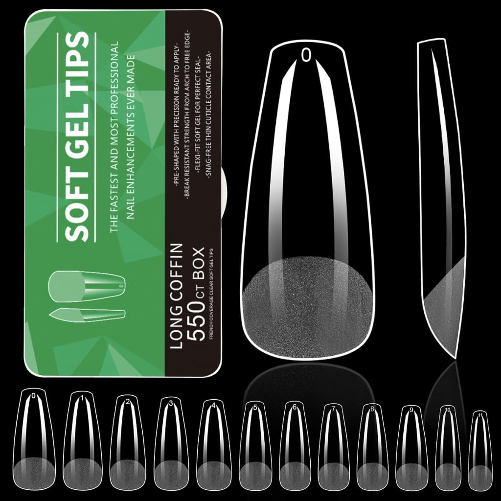 550PCS Almond Gel Nails Tips Pre Etched False Nails Clear Full Covers Soft Acrylic Press On Nails for Manicures