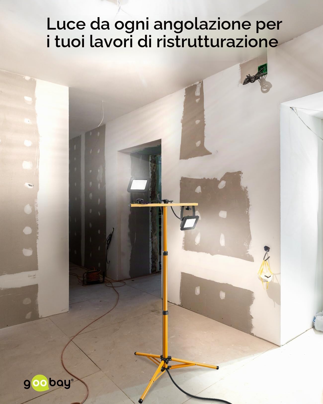 Goobay 57845 Faretto da costruzione a LED su stativo telescopico 2 x 20W / 3400lm / Luce bianca neutra - 4000K / Per uso interno ed esterno - IP65 / Nero/Giallo