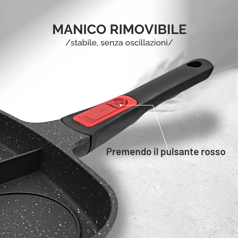 Bistecchiera Antiaderente con Manico Rimovibile e Coperchio, Padella Grill Quadrata 3 Sezioni, Induzione Compatibile 28 x 24 cm - Nero