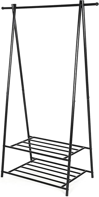 SONGMICS Coat Rack, Coat Stand, Clothes Rack with 2-Tier Storage Shelf for Shoes and Baskets, Metal Frame, Space-saving, Ideal for Bedroom, Entryway, Office and More, Black HSR05B