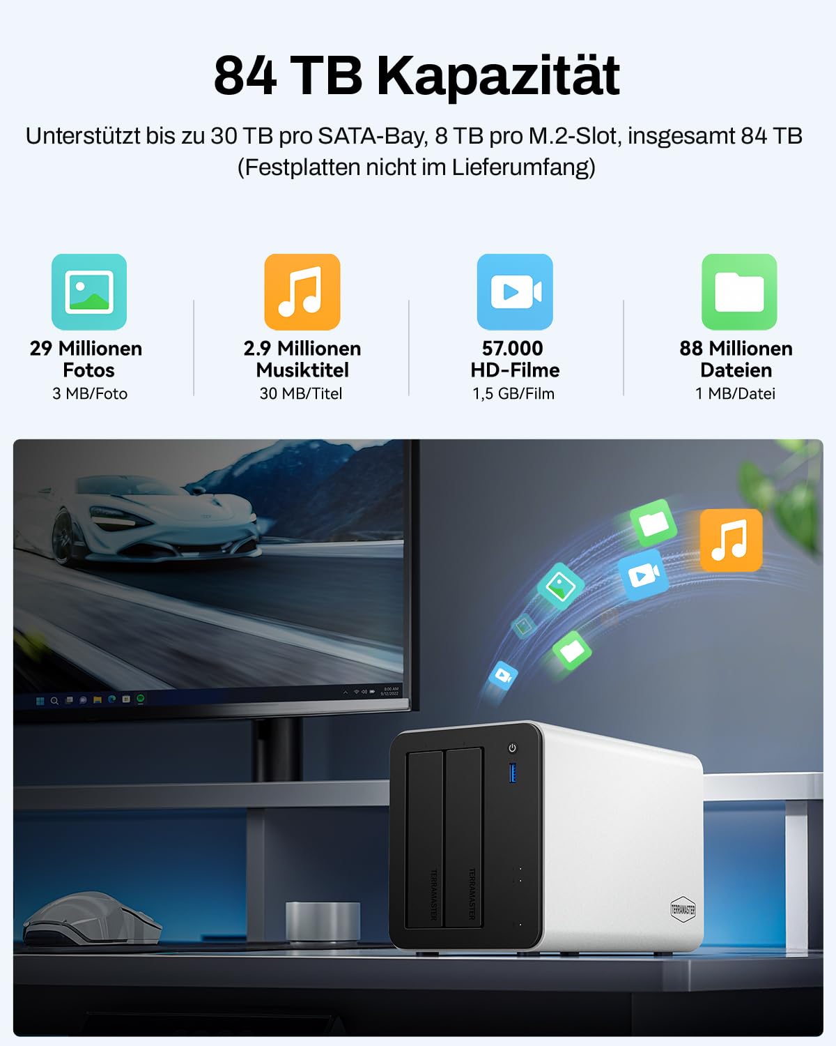 TERRAMASTER F2-425 Plus NAS-Speicher mit 2 Einschüben, Intel N150 Quad-Core CPU, 8 GB DDR5 RAM, 2X 5GbE LAN, 3X M.2 Steckplatz, Netzwerkspeicher für Teamarbeit und Multimedia-Server (ohne Festplatte)